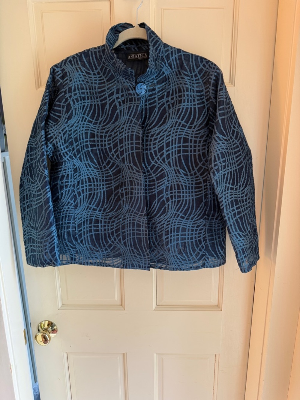 Asiatica vintage Navy Blue Patterned Silk Jacket - Picture 2 of 5
